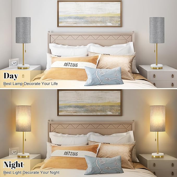 Luvkczc Minimalist Table Lamp Set of 2, Nightstand Lamp for Bedroom Living Room, Modern Pull Chain Bedside Lamp with Marble Base, Fabric Shade, Small Desk Lamp for Home, Office, Reading,Grey