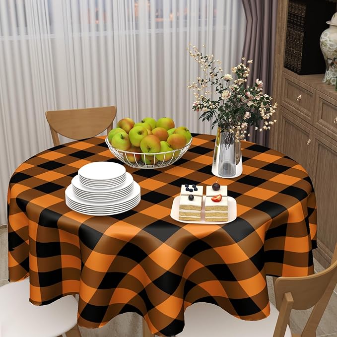 Halloween Tablecloth Round 60 Inch Black Orange Buffalo Plaid Round Table Cloth Autumn Thanksgiving Plaid Table Cloth Fall Autumn Table Covers for Kitchen Dining Room Holiday Party Picnic Decorations