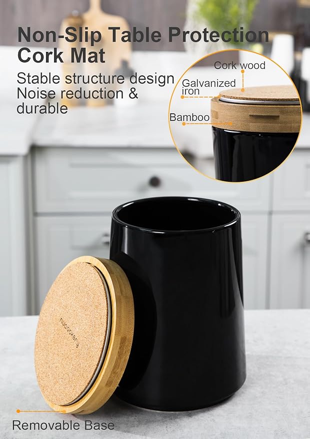 Nucookery 360° Rotating Utensils Holder, 8.2" Extra High Large Ceramic Kitchen Utensil Holder with Countertop-Protection Cork Bottom, Top Gathering Kitchen Decor for Counter (Black)