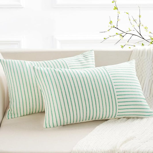 YCOLL Farmhouse Pillow Covers 12x20, Modern Accent Spring Throw Pillow Covers Set of 2, Green Striped Patchwork Linen Decorative Pillows Cushion Covers for Couch Bedroom Summer Home Decor