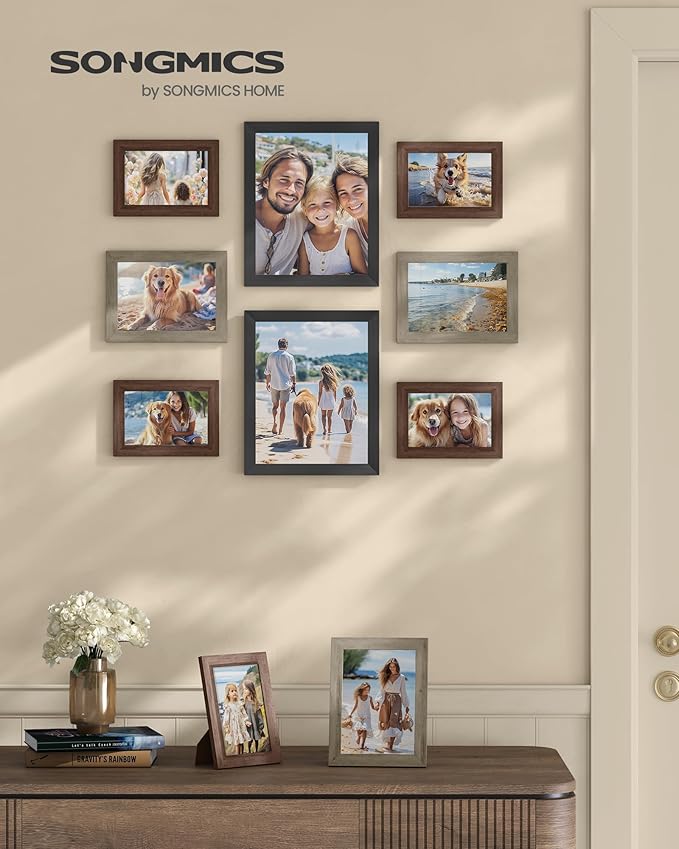 SONGMICS Picture Frames, Collage Picture Frames Set of 10, Two 8x10, Four 5x7, Four 4x6, Photo Frame for Wall Gallery Decor, Table Display, Glass, Maroon Brown, Heather Greige, Ash Black URPF010K03