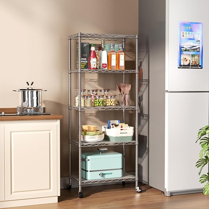 SINGAYE 5 Shelves Storage Shelf Wire Closet Bathroom Organizers Metal Pantry Kitchen Garage Shelving Unit Laundry Room Organization Home Rack Net Basket White with Wheels