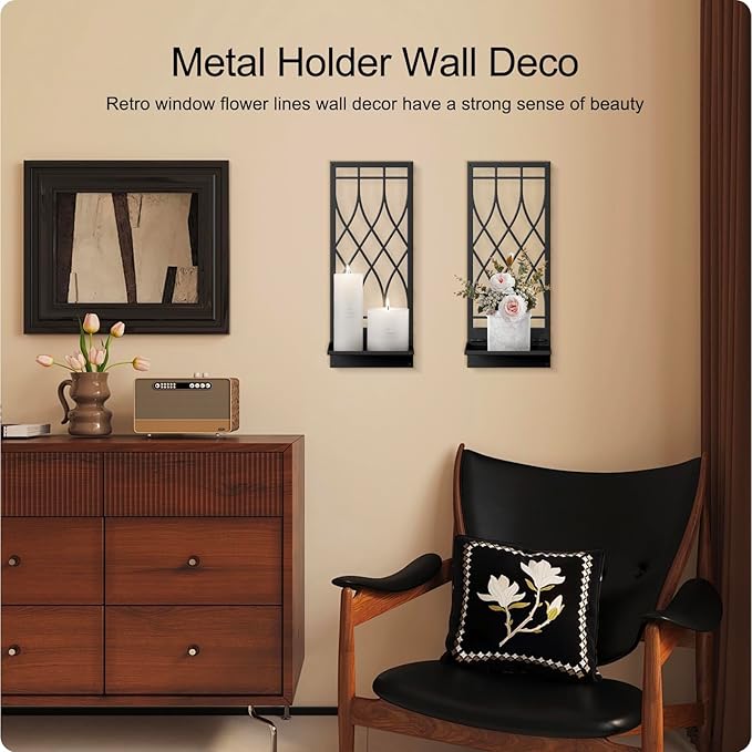 Wall Candle Holder, Black Metal Wall Art, Line Wall Candle Holder for Living Room, Dining Room, Bedroom, Bathroom (2 Pack, 16.5 x 7 in)