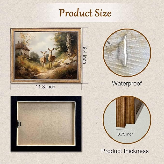 Framed Vintage Wall Art Classical Oil Painting Canvas Print Deers Country Road Bedroom Living Room Wall Decor (Deers, 10L x 8W)