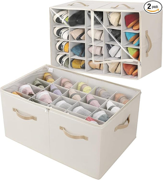 Shoe Organizer for Closet 2 Pack, Foldable Shoe Box with Adjustable Divider and Clear Cover, Space Saving Shoe Storage Organizer Cabinet with Reinforced Handles, Fits 40 Pair, Beige, TP11Y