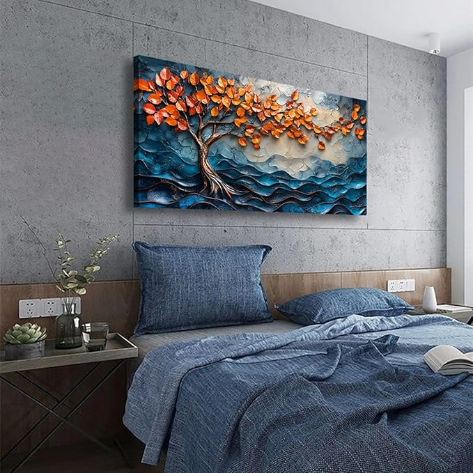 Tree of Life Canvas Wall Art Bedroom Wall Decor Living Room,Abstract Wall Art Office Kitchen Paintings Artwork Modern Blue Wave Leaf Pictures Art Prints Waterproof Ready to Hang-20x40inch