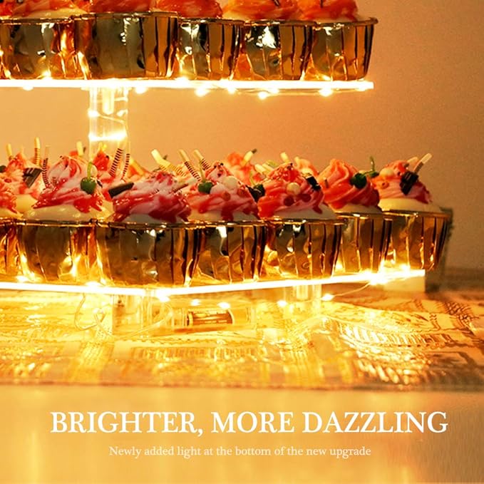 YestBuy Cupcake Stand - Premium Cupcake Holder - Acrylic Cupcake Tower Display - Cady Bar Party Décor - 5 Tier Acrylic Display for Pastry + LED Light String - Ideal for Weddings, Birthday Parties