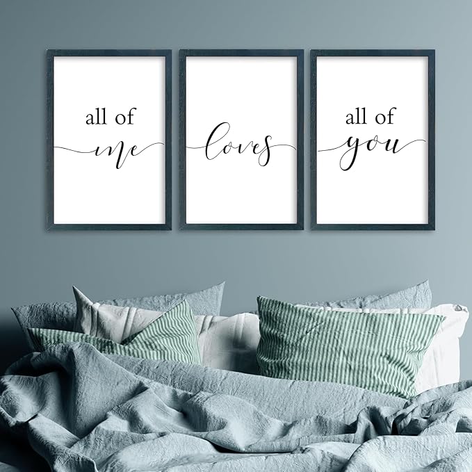 SRSZHIYUE All of Me Loves All of You Sign Wall Decor 16"×11" Set of 3 Framed Wooden Plaque for Master Bedroom Above Over Bed Love Quotes Wall Hanging Art (Black)