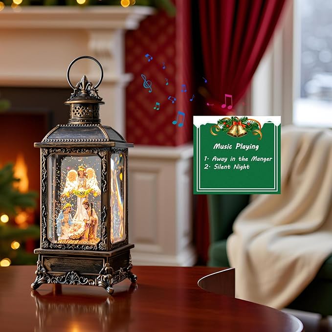 Christmas Snow Globe Swirling Glittering Angel & Nativity Scene with Music, USB Lined/Battery Operated Lighted Water Lantern for Christmas Festival Decoration Gifts