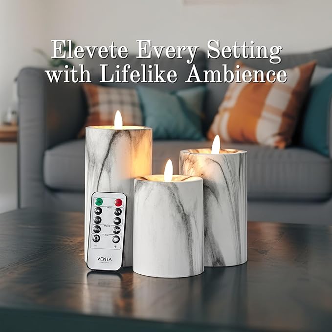 VENTA Marble Flameless Pillar Candles, Set of 3 (4" 5" 6") | Realistic Flickering LED Candles with Remote & Timer | Elegant Decor for Modern, Farmhouse & Chic Interiors