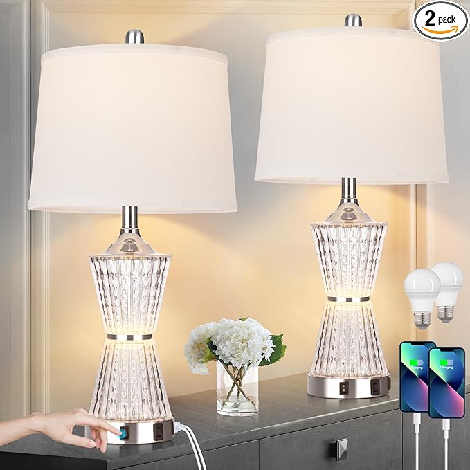 26" Modern Table Lamps, Set of 2 Table Lamp Night Light with 2 USB Charging Ports & AC Outlet, Bedside Nightstand Lamp White Shade for Living Room Bedroom Home Decor Silver(LED Bulbs Included)