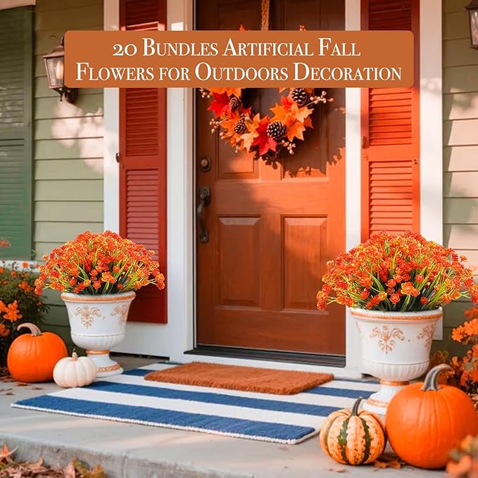 20 Bundles Artificial Fall Flowers for Outdoors Fall Decorations-UV Resistant Fake Mums Faux Plants Plastic Flowers Greenery Home Porch Gardens Fireplace Patio Autumn Indoor Thanksgiving Decor(Orange)