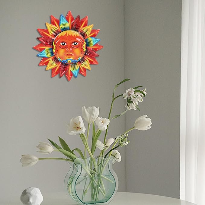 dreamskip Sun Flower Wall Decor, 12 inches Hanging Metal Wall Art, Sun Face Outdoor Wall Sculptures & Statues for Garden Fence Patio Yard Living Room Bedroom Decorations Yellow