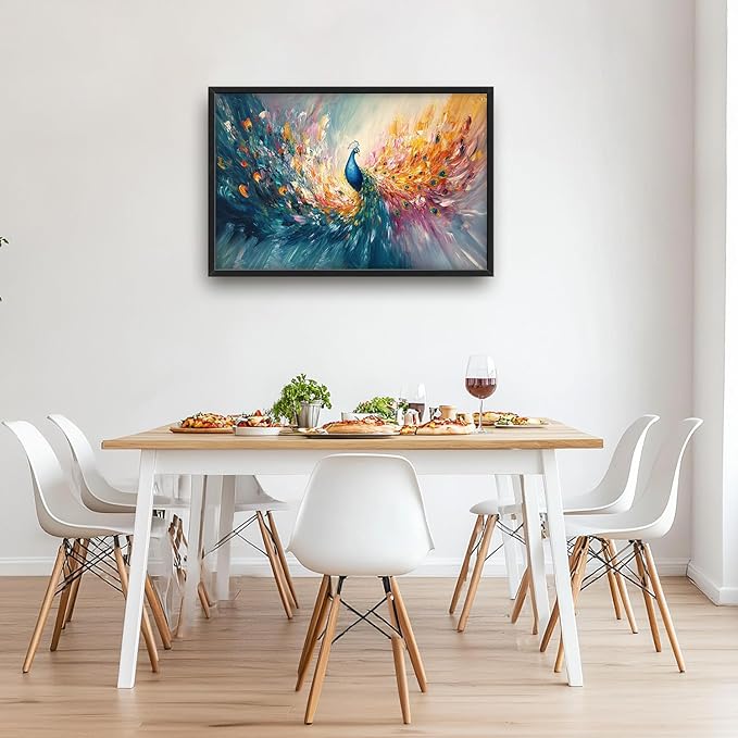 Flintis Large Colorful Peacock Framed Wall Art Peacock Feathers Pictures Wall Decor Abstract Animal Canvas Painting Print Artworks Decor Framed for Living Room Bathroom Master Bedroom 36L X 24W