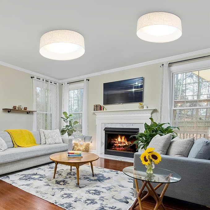 Hamilyeah 15 inch Ceiling Light Flush Mount Set of 2, LED Kitchen Lighting Fixture Ceiling Mount with Fabric Shade, 5CCT Drum Ceiling Light Fixture Overhead for Living Room, Kitchen, Bedroom, Hallway