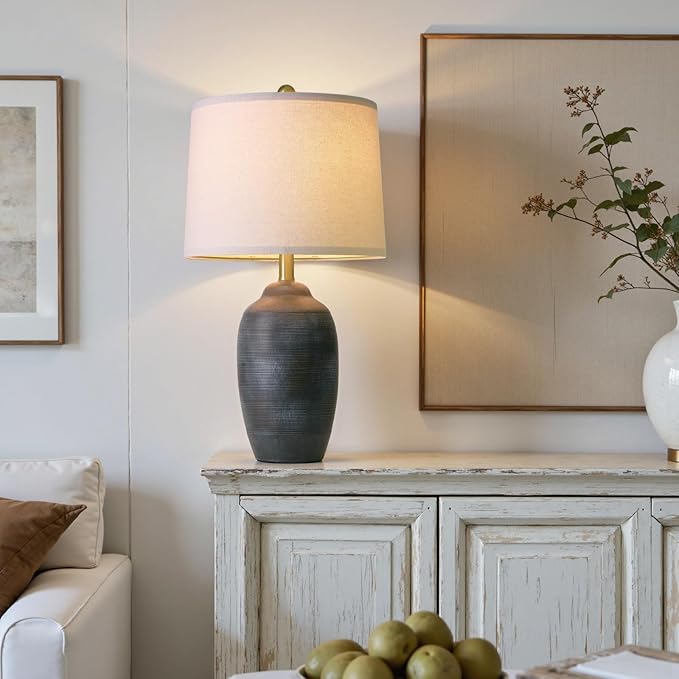 24.5" Vintage Ceramic Table Lamp - Single Farmhouse Rustic Bedside Lamp with Natural Textured Finish, Nightstand Lamps for Living Room, Bedroom, End Table, Office Retro Black