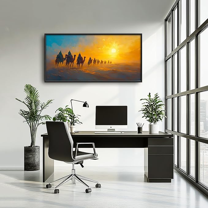 Flintis Large Desert Camel Framed Wall Art Sunset Camels Pictures Wall Decor Abstract Natural Landscape Canvas Painting Print Artworks Framed for Living Room Bathroom Master Bedroom 60L X 30W