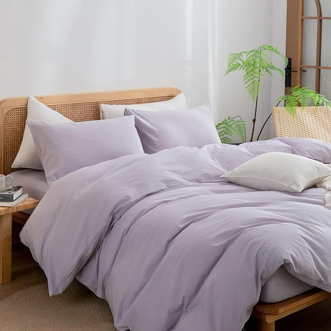 BESTOUCH Duvet Cover Set 100% Washed Cotton Linen Feel Super Soft Comfortable Chic Lightweight 3 PCs Home Bedding Set Solid Taro Purple Super King Plus