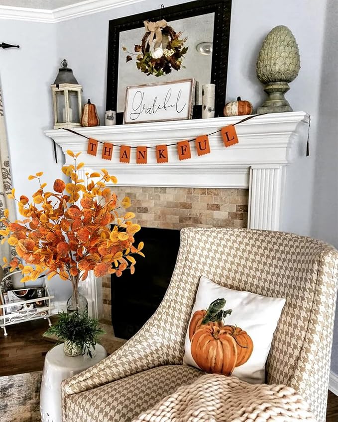 Krissing 6 Pcs Fall Artificial Eucalyptus Stems, 26.5" Fall Eucalyptus Leaves Fall Faux Greenery Stems for Autumn Home Table centerpieces Arrangement Fall Decorations