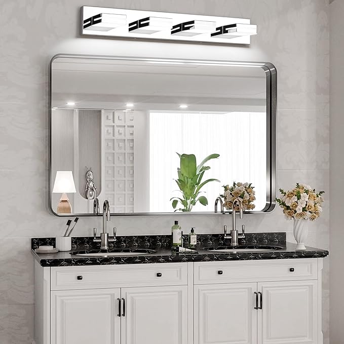 SineRise LED Modern Bathroom Vanity Light Fixtures (4-Light, 30-Inch), Chrome Modern Acrylic Bathroom Wall Lighting Fixtures Over Mirror (Cool White 6000K)