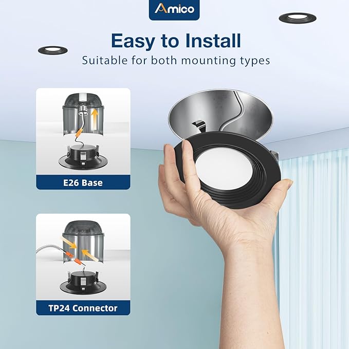 Amico 24 Pack 4 inch 5CCT LED Recessed Lighting, Dimmable, 8.5W=60W, 650LM, 2700K/3000K/4000K/5000K/6000K Selectable, Retrofit Can Lights with Baffle Trim, IC Rated - ETL & FCC, Black