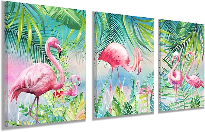YUANAND Flamingo Wall Decor Animal Pictures - Palm Green Tropical Plant for Kids Girls Room Decor - Framed Posters Paintings Bedroom Decor