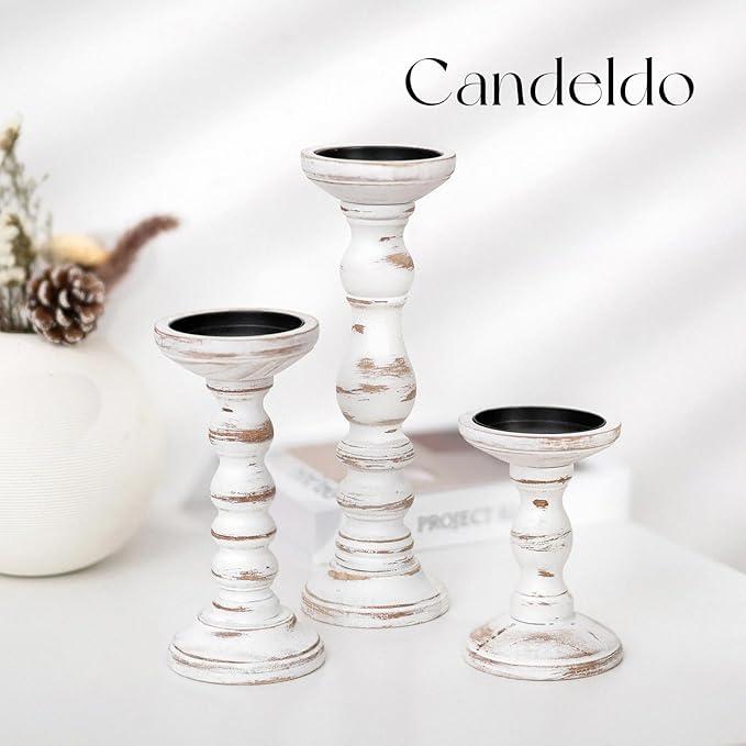 Wood Candle Holders for Pillar: Rustic Candles Holder Set of 3 Tall Table Centerpiece Decor Wooden White Farmhouse Decorations for Fireplace Mantle