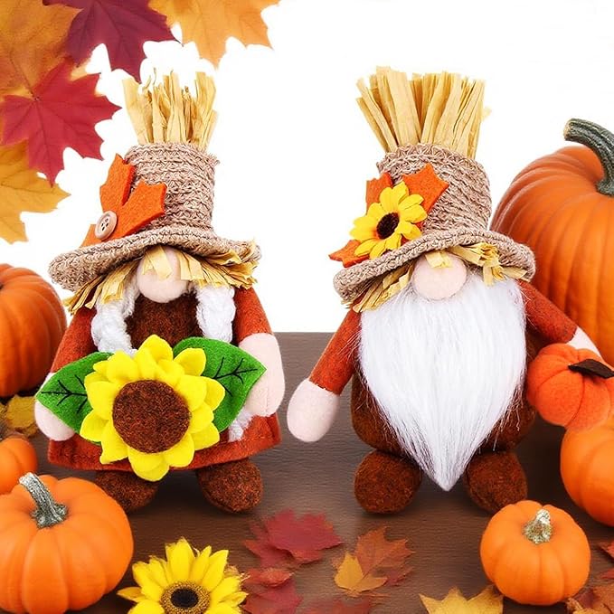 2pcs Fall Gnomes Plush Decorations for Home, Cute Thanksgiving Gnomes Plush Pumpkin Maple Leaves Fall Gnome Set Home Indoor Table Tiered Tray Decor, Thanksgiving Harvest Autumn Holiday Decoration Gift
