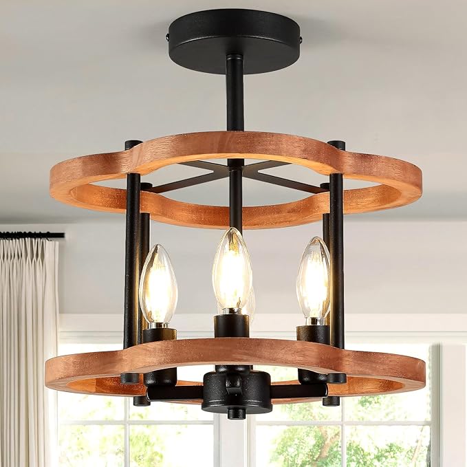 4-Light Rustic Semi Flush Mount Ceiling Light, 13" Farmhouse Wood Close to Ceiling Lighting with Black Metal Industrial Hallway Light Fixtures for Living Room Bedroom Dining Room Foyer Entryway