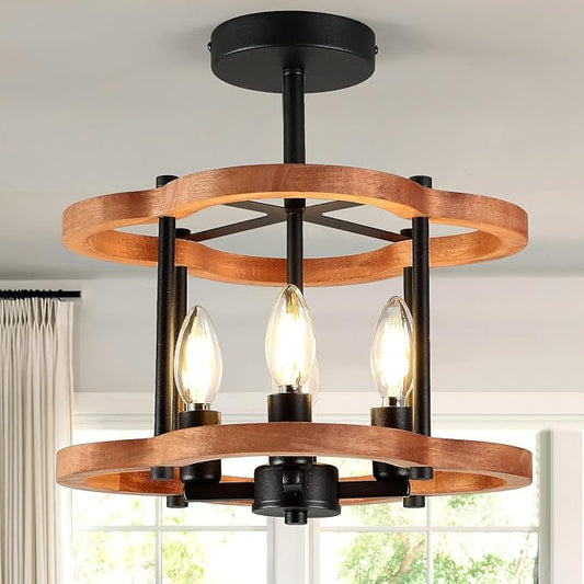 4-Light Rustic Semi Flush Mount Ceiling Light, 13" Farmhouse Wood Close to Ceiling Lighting with Black Metal Industrial Hallway Light Fixtures for Living Room Bedroom Dining Room Foyer Entryway