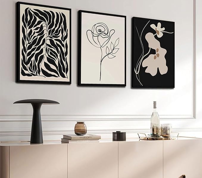 3Pcs Framed Canvas Wall Art Paintings Modern Botanical Prints Abstract Floral Posters Black and White Gallery Wrap Artwork for Living Room Bedroom Bathroom Office 12x16 Inch