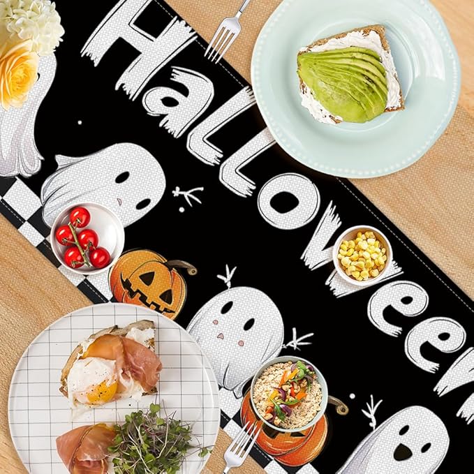 ANNA QUEEN Ghost Halloween Table Runner 13 x 72 Inch for Dining Table, Table Runner for Seasonal Autumn Kitchen Dining Table Halloween Decoration for Home Party Decor