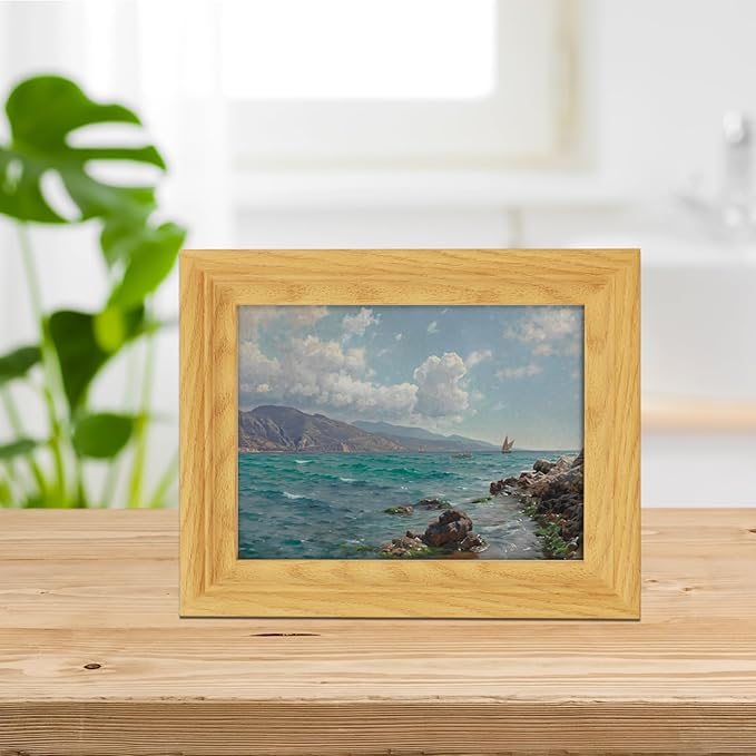 Brivoria Framed Canvas Wall Art Vintage Decor, Realistic Coastal Scene with Rocky Shore Clear Water and Sailboats Under Bright Blue Sky for Kitchen Shelf Bathroom or Tabletop Display, 8"x10"