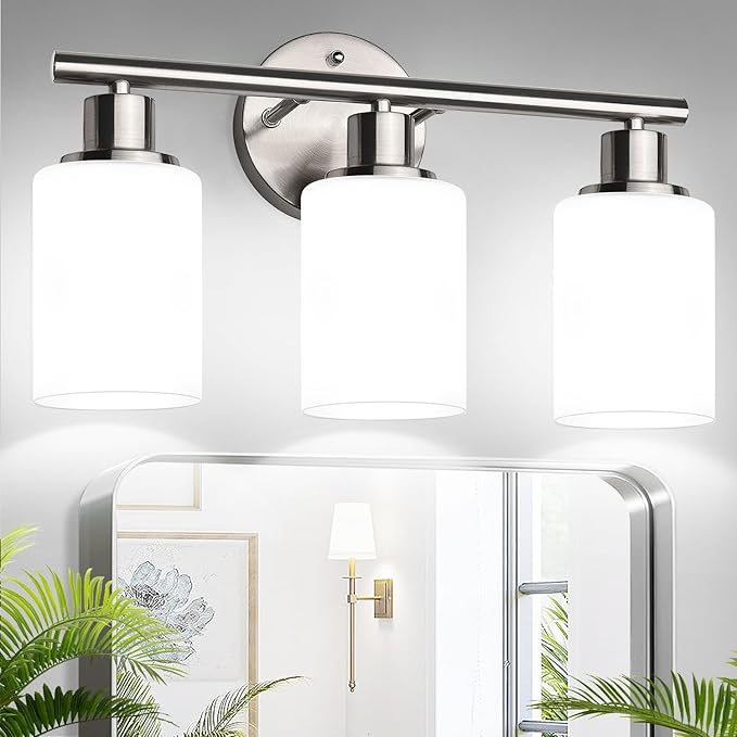 3-Light Bathroom Light Fixtures, Brushed Nickel Vanity Light, Farmhouse Wall Lights with Milky White Frosted Glass Shades, Bathroom Wall Lamp for Mirror Kitchen Bedroom Hallway Living Room