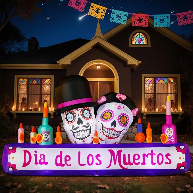 DomKom 8FT Halloween Inflatable Blow Up Decorations, Dia de Los Muertos Day of Dead Catrina Skulls Altar, Built-in LEDs for Holiday Party, Garden, Lawn, Yard, Patio Décor
