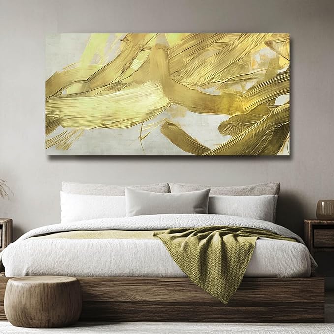 VAYIMDH Minimalist Room Decor Abstract Canvas Pictures Gold Painting on White Background 29"x 58" Large Wall Art for Living Room Bedroom Home Decorations