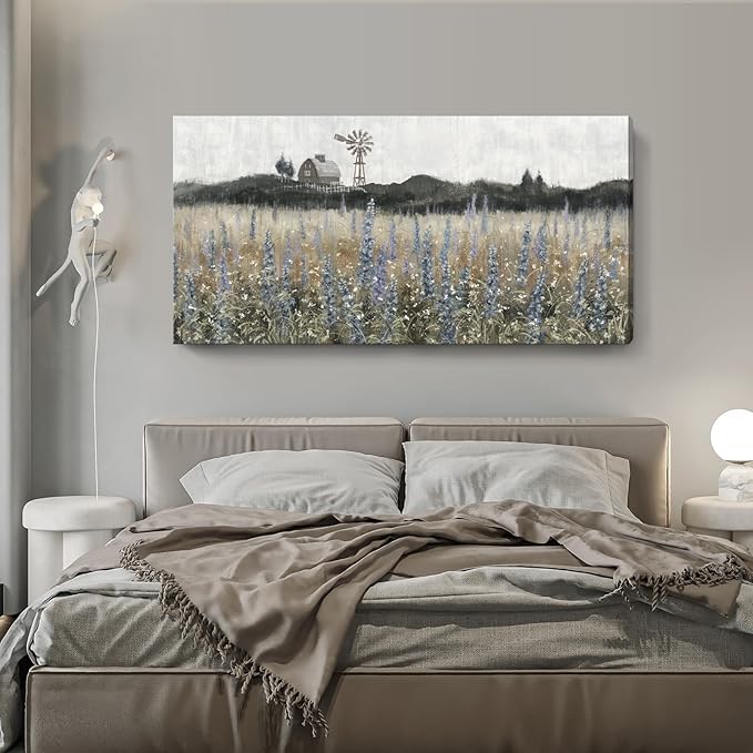 Large Canvas Wall Art for Living Room Rustic Countryside Scenery Vintage Farmhouse Print Painting Nature Wilderness Landscape Wildflower Field Meadow Picture Classical Framed Artwork 30x60inch