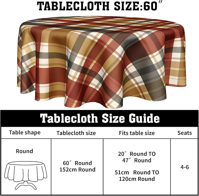 Fall Tablecloth Round 60 Inch Autumn Thanksgiving Table Cloths Round Fall Autumn Buffalo Plaids Table Cloth Rustic Farmhouse Tablecloth for Holiday Kitchen Dining Room Party Picnic Indoor Outdoor