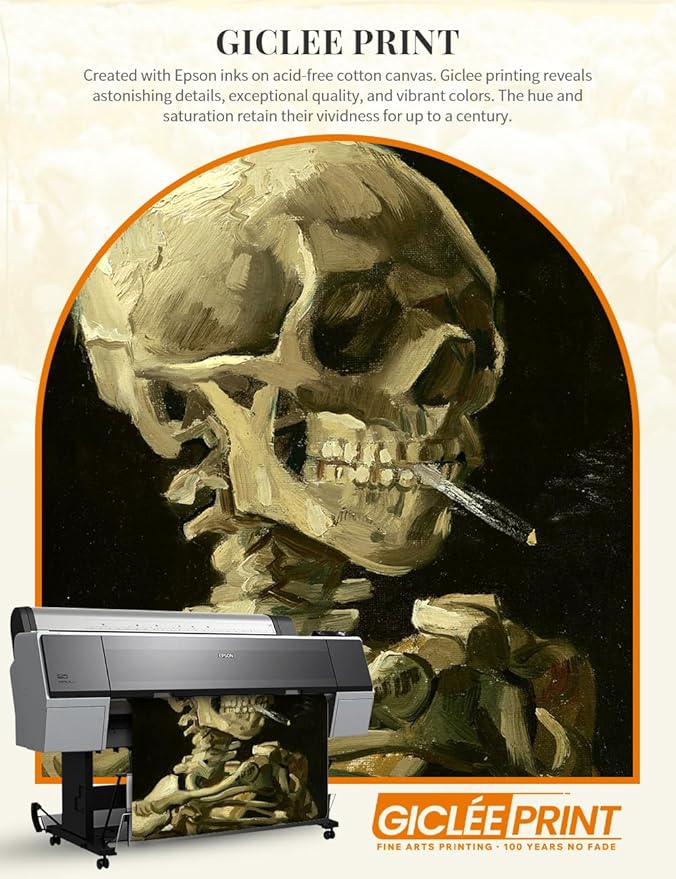 DECORARTS - Head of a Skeleton with a Burning Cigarette by Vincent Van Gogh. Giclee Print on Acid-Free Canvas in Gold Solid Wood Frame. Picture Size: 16x20, Total Size: 24.75x20.75, Made in USA