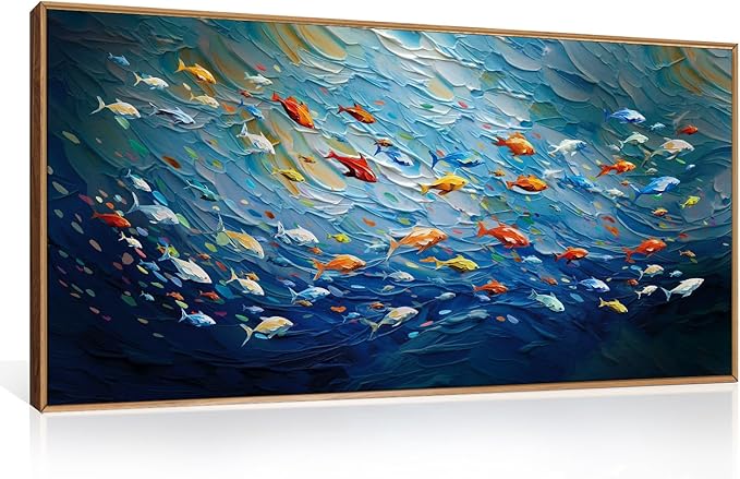 CHDITB Ocean Canvas Wall Art, 20"X40" Large Sea Fish Painting, Navy Blue Marine Fish Wall Decor, Colorful Fishes Artwork for Living Room, Bedroom, Office, Modern Home Decor