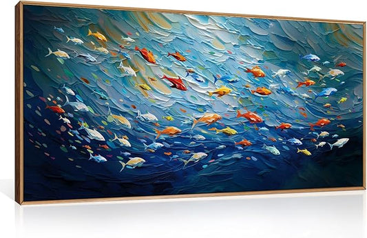 CHDITB Ocean Canvas Wall Art, 20"X40" Large Sea Fish Painting, Navy Blue Marine Fish Wall Decor, Colorful Fishes Artwork for Living Room, Bedroom, Office, Modern Home Decor