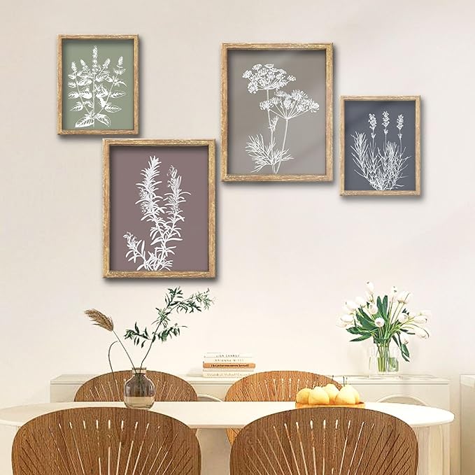 GUMEYJIA Boho Wall Art Set of 4 Framed Herb Prints Botanical White Floral Sketches with Gray and Sage Green Background Modern Farmhouse Decor Home Kitchen Wall Decor (11x14 in)