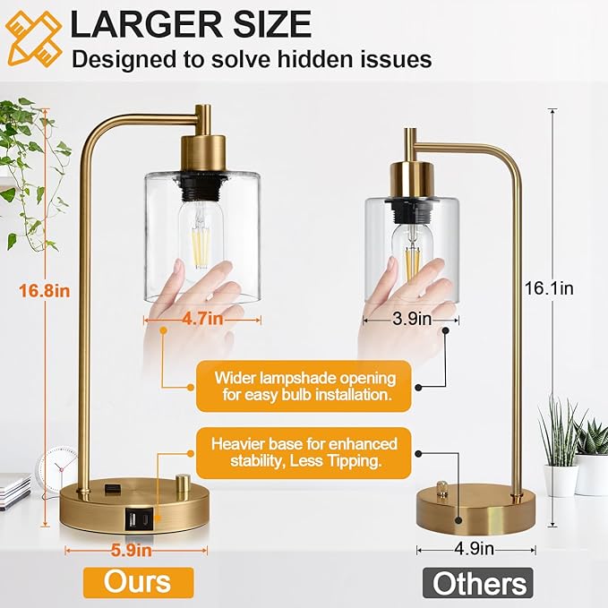 Set of 2 Industrial Table Lamps with USB C+A Ports and Outlet, Brass Fully Stepless Dimmable Bedside Lamps, Nightstand Lamps with Clear Glass Shade for Living Room Office (2 LED Bulb)