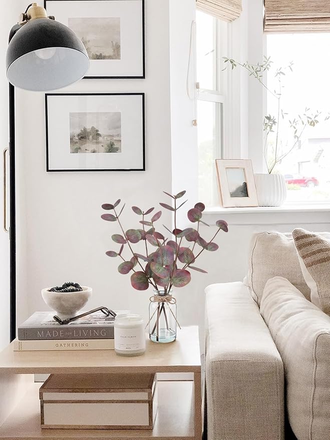 Artificial Eucalyptus Stems in Glass Vase with Faux Water, 14" Fake Plants for Home Decor, Coffee Table Centerpieces, Office, Bathroom & Farmhouse Weddings - Faux Plants Decorations