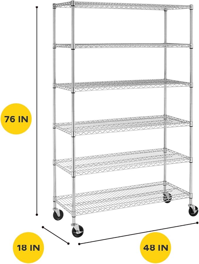 BestOffice | 6-Tier Wire Storage Shelves with Wheels | 18x48x77 | Chrome | Adjustable Racks | Heavy-Duty Metal Shelf, Holds Upto 600 lbs | No-Tool Assembly | Ideal for Home & Garage Shelving