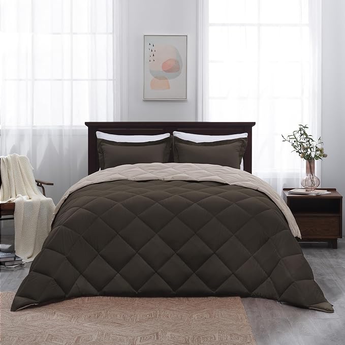 Basic Beyond Queen Comforter Set - Brown Comforter Set Queen, Reversible Bed Comforter Queen Set for All Seasons, Brown/Ivory, 1 Comforter (88"x92") and 2 Pillow Shams (20"x26"+2")