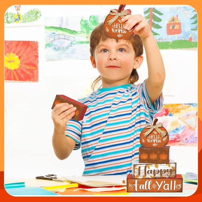 4 Pcs Fall Decor for Home Hello Pumpkin Wooden Signs with Blessed Autumn Tiered Tray Decor Farmhouse Pumpkin Tabletop Centerpiece Maple Leaf Block Signs for Fall Thanksgiving Office Kitchen Shelf