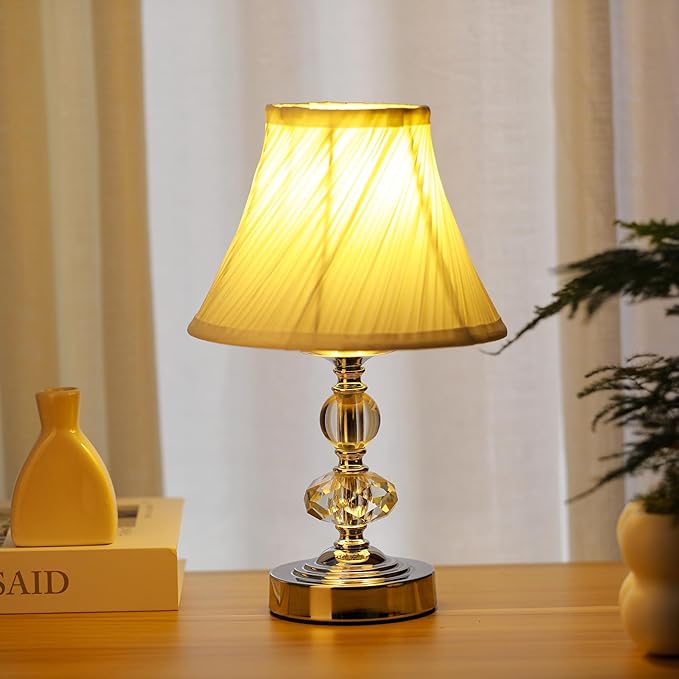 Small Modern Crystal Bedside Table Lamp, 7 x 7 x 12 Inch Electroplaetd Silver Base Table Lamp for Bedrooms and Office (White Pleated Bell Shape Shade)