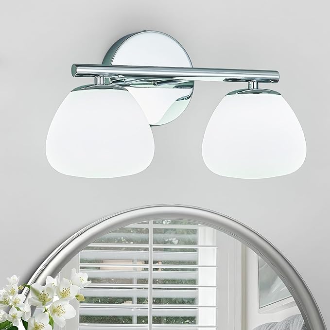 Modern 2 Light Bathroom Vanity Light Chrome Vanity Light Bathroom Light Fixtures Over Mirror with Milk Glass Shade Bathroom Wall Sconce