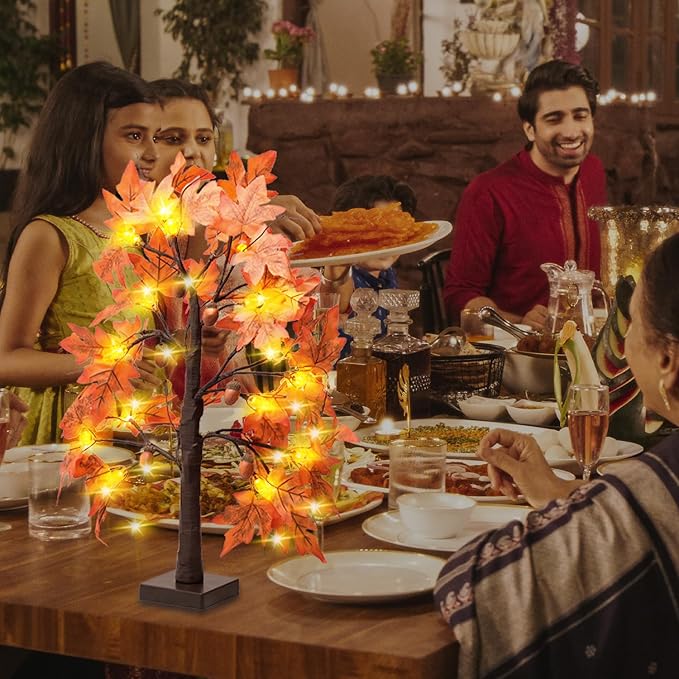 Fall Maple Leaf Table Lighted Tree - Thanksgiving Decorations 2 Pack Home Decor with 48 LED Lights for Indoor Outdoor Room Decoration Artificial Harvest Autumn Trees Battery Operated for Home Party
